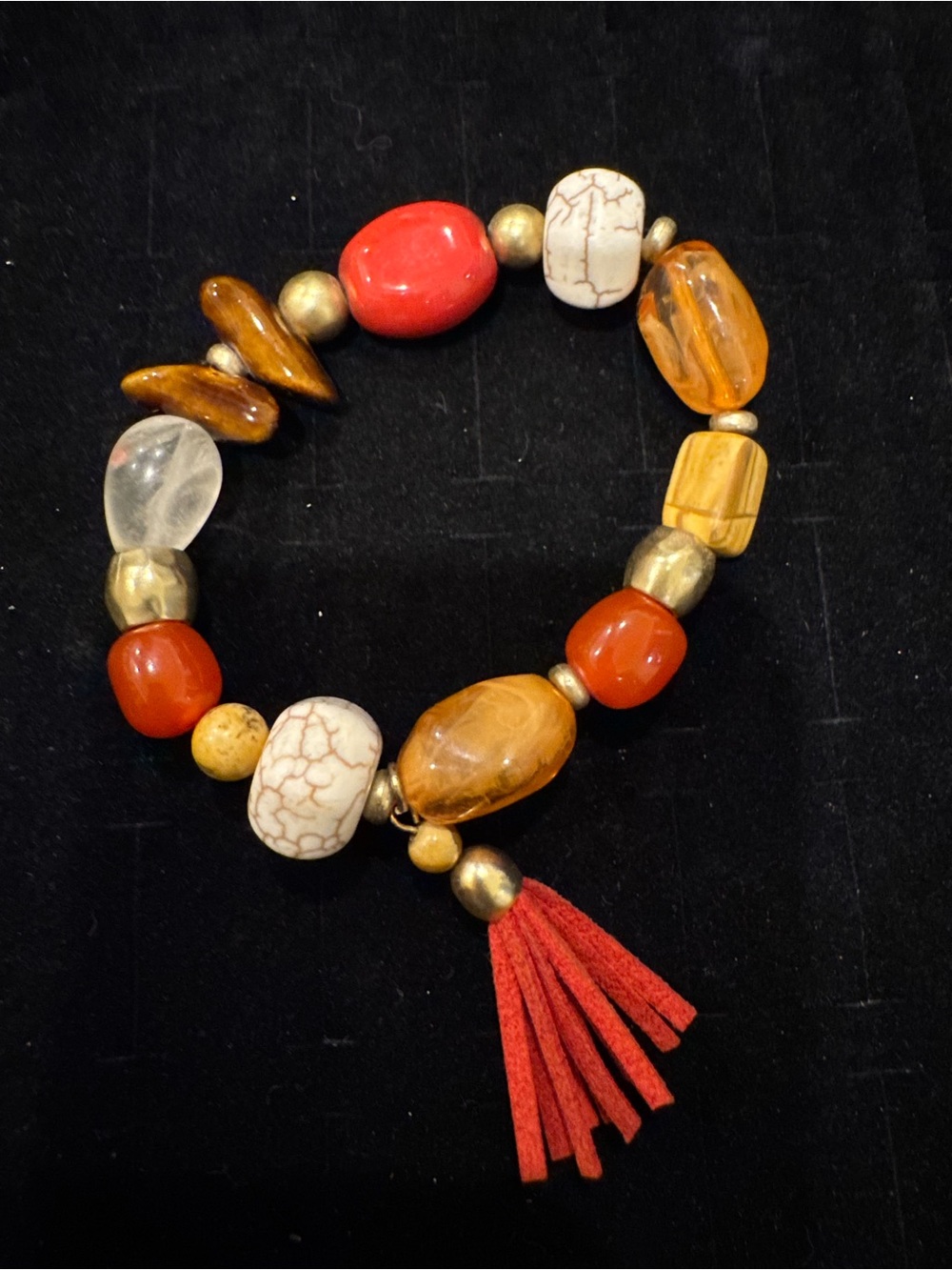 Boho Mixed Stone Look Beaded Stretch Bracelet Red Tassel Chunky Statement